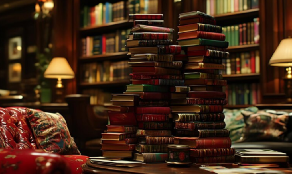 A cozy, luxurious library scene with stacks of vintage books piled high on a wooden table. The room is softly lit by elegant table lamps, with shelves of more books lining the background. Plush, richly patterned furniture adds to the warm, inviting atmosphere of the space, suggesting a peaceful place for reading and reflection