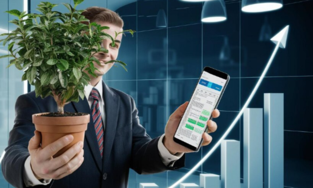 A man in a business suit holds a small potted plant in one hand and a smartphone in the other, displaying a stock trading app. In the background, a sleek office environment with large glass windows shows a rising bar chart and an upward-trending arrow, symbolizing growth and success in financial investments or business