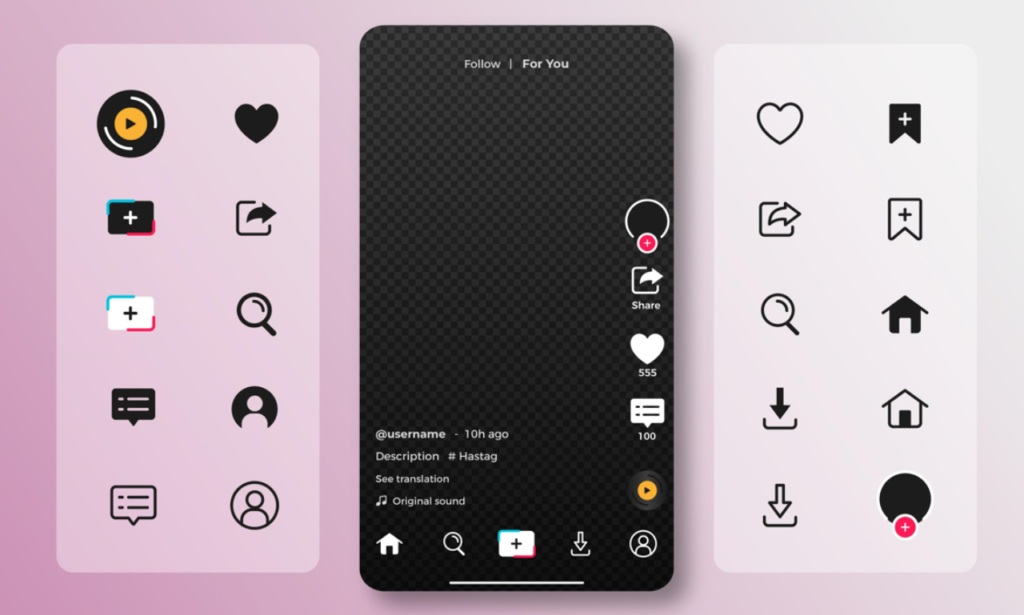 A visual interface of a TikTok video screen showing familiar action icons such as the play button, like heart, share, save/bookmark, comment section, and user profile. The central part of the screen is empty with placeholders for video and user information. Additional icons on the side provide functions for uploading videos, searching, and viewing home content. The interface illustrates typical features used on TikTok, highlighting options for interaction, sharing, and saving