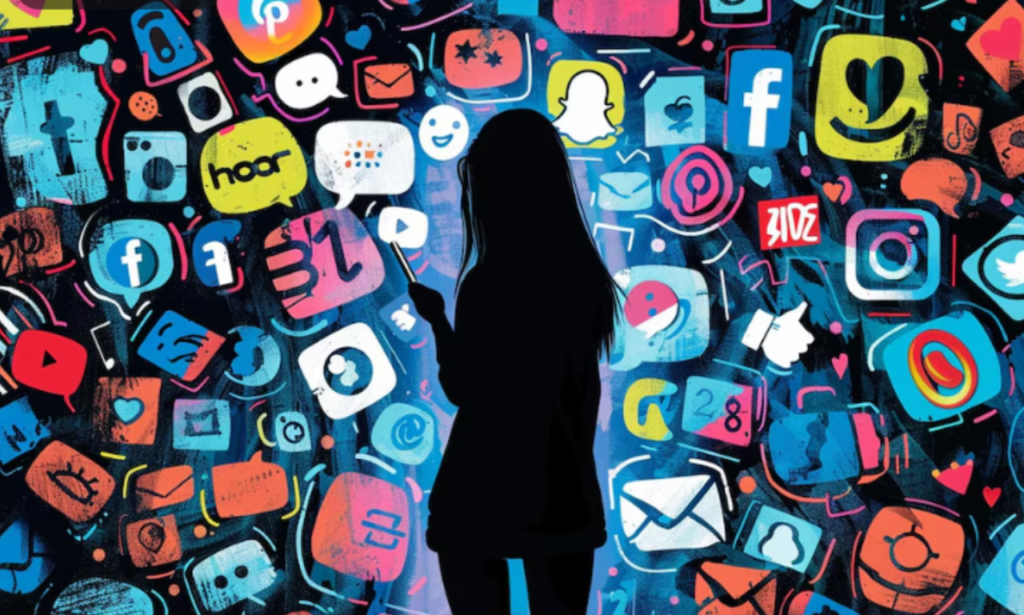 A silhouette of a woman holding a smartphone, standing against a vibrant background filled with a chaotic collage of various social media icons, including Facebook, Instagram, Snapchat, YouTube, and more. The scene visually represents the overwhelming presence of social media in modern life