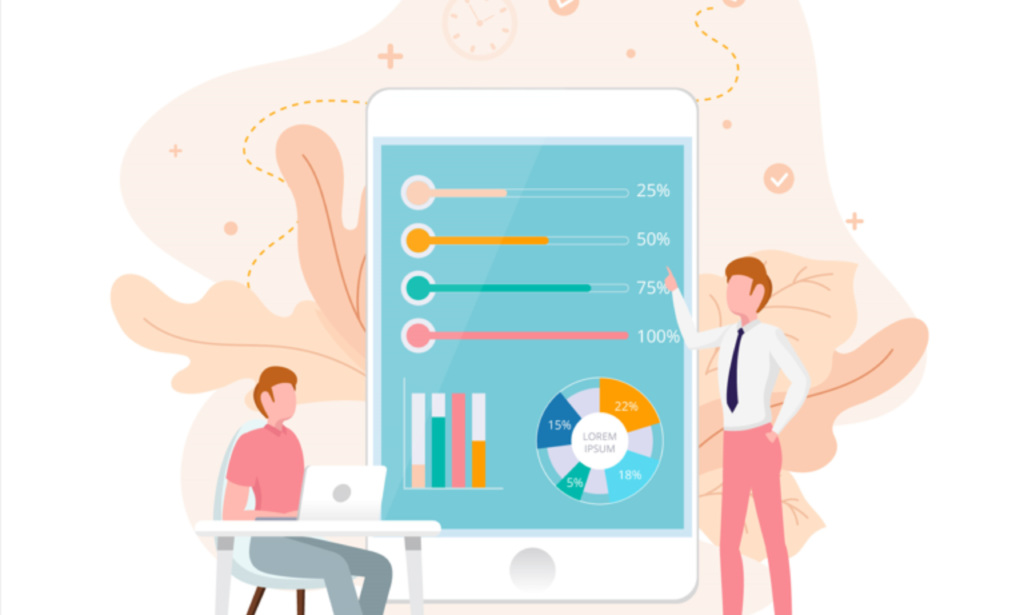 An illustration showing two figures, one seated with a laptop and another standing and pointing at a large smartphone screen. The smartphone screen displays various data visualizations, including percentage bars (25%, 50%, 75%, 100%) and a circular pie chart with different colored sections labeled 'Lorem Ipsum.' The background features abstract shapes and clock icons, suggesting a business or data analytics theme, with an emphasis on progress tracking and statistical information