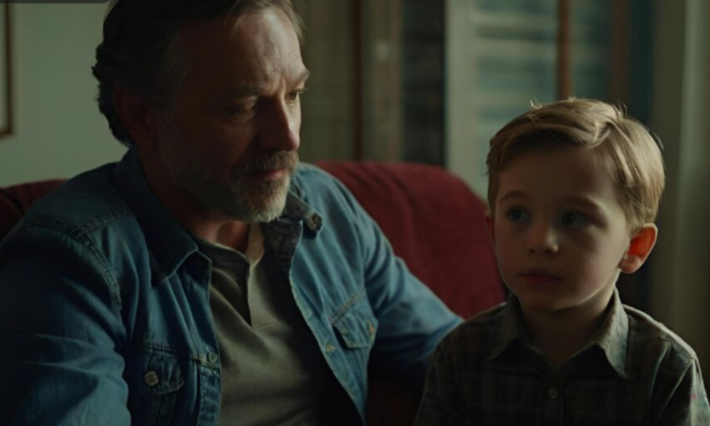 A middle-aged man with a grey beard and denim jacket sits closely with a young boy, who has light brown hair and a serious expression. The two are seated on a red sofa in a dimly lit room, suggesting a moment of quiet conversation or reflection