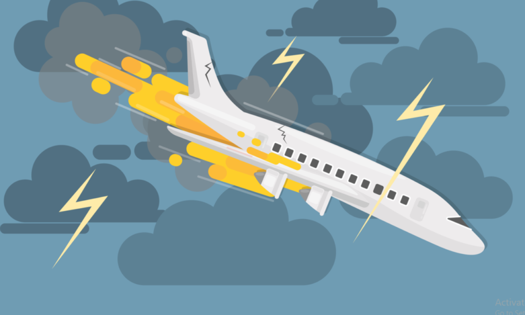 An illustration of an airplane flying through a stormy sky with dark clouds, lightning bolts, and flashes of orange fire trailing from the engine area. The aircraft appears to be experiencing turbulence or an emergency situation as it cuts through the storm