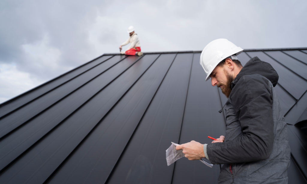 Two construction workers inspecting a metal roof. The worker in the foreground is wearing a white hard hat and a black jacket, holding a notepad and pen. In the background, another worker in a hard hat and red pants is kneeling on the roof, appearing to examine or adjust the roofing. The sky is overcast, suggesting cloudy weather