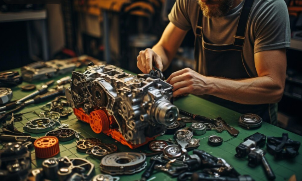 A mechanic working on a disassembled engine in a well-equipped garage. The workspace is filled with various tools and engine components spread out across the table, emphasizing the intricate process of engine rebuilding and repair