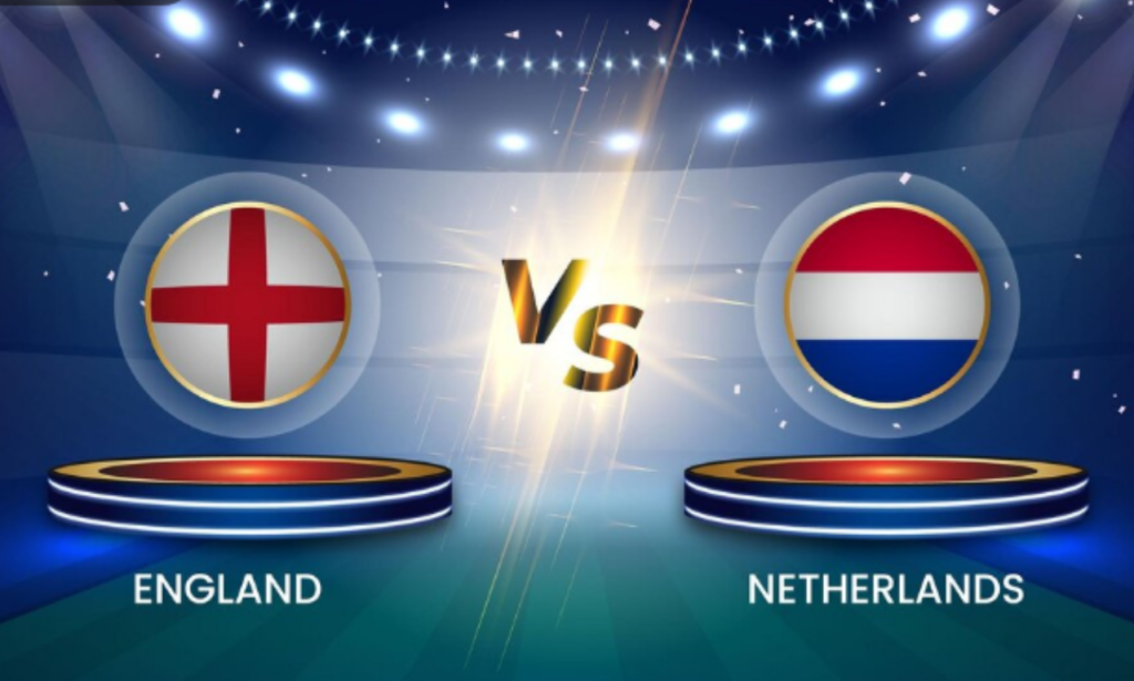 A graphic depicting a football match between England and the Netherlands. The image features circular icons of the teams' flags (England's St George's Cross and the Netherlands' tricolor), with 'England' and 'Netherlands' labeled below each icon, separated by a large 'VS' in the center. The background has stadium lighting effects, creating a competitive atmosphere. Netherlands National Football Team vs England National Football Team Lineups