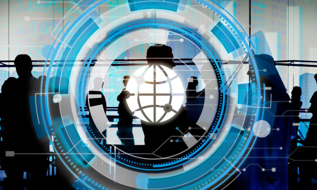 Silhouettes of people in a business environment overlaid with a digital interface featuring a globe symbol and concentric circular designs. The scene suggests a global network or technological theme, with abstract blue and white graphic elements and data in the background, indicating a focus on technology or international business.