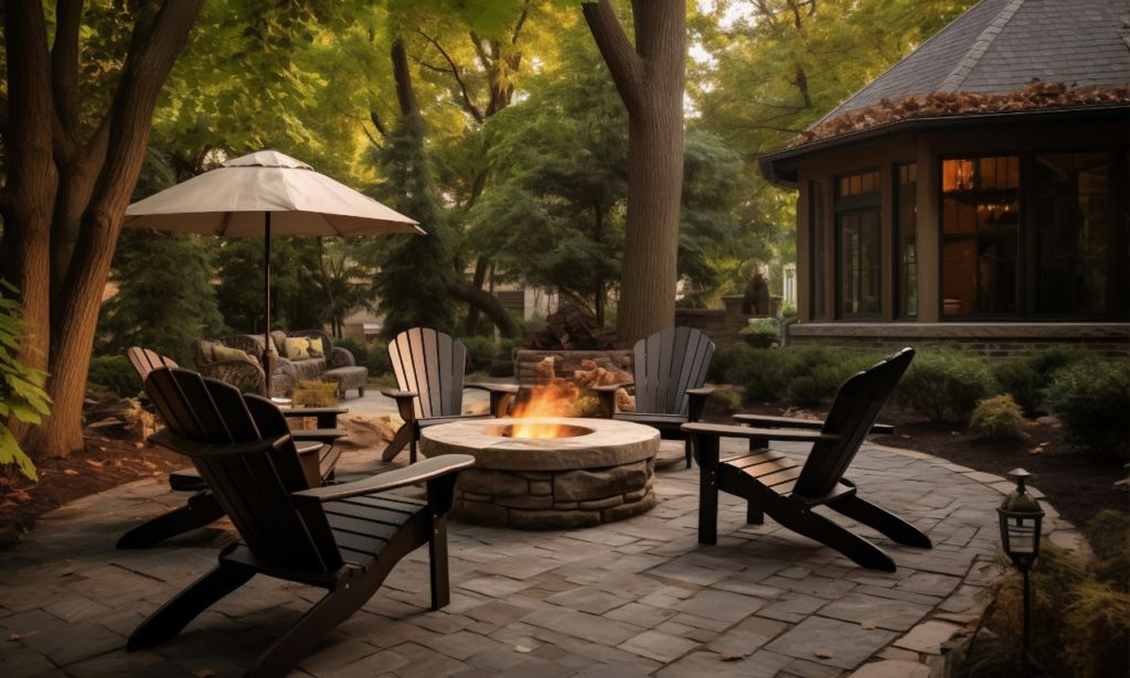 A cozy backyard patio area featuring a circular stone fire pit surrounded by Adirondack chairs. The space is shaded by large trees, with a mix of sunlight filtering through the leaves, creating a warm and inviting atmosphere. The patio is paved with stone, and an umbrella provides additional shade over a seating area. In the background, a gazebo-like structure with large windows adds to the charm of the outdoor space