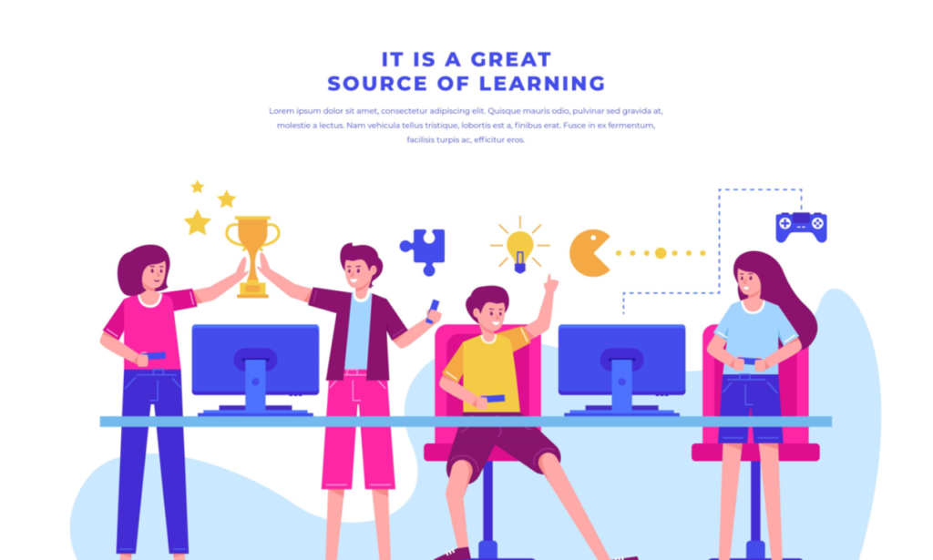 Illustration of four students engaging with computers in a classroom or learning environment. One student raises a trophy in celebration, emphasizing achievement. Surrounding icons, such as a light bulb, puzzle piece, and Pac-Man, symbolize creativity, learning, and fun through gamified education. How EzClasswork Transforms Learning through Gamifying