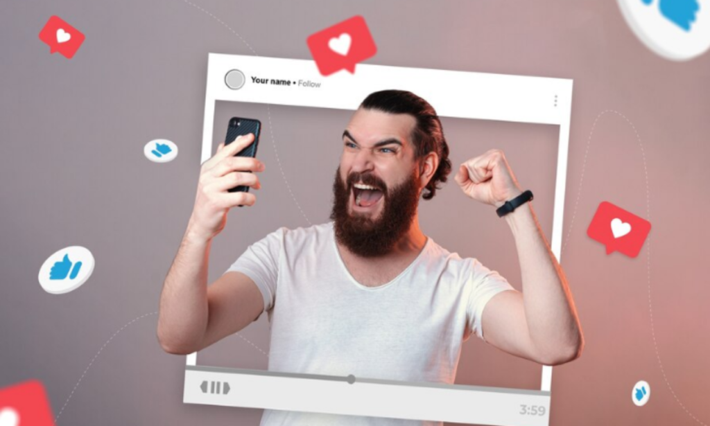 A man celebrating with excitement while holding a smartphone, surrounded by floating icons of likes, hearts, and thumbs-ups. The background features a stylized social media interface, emphasizing engagement and reach on Instagram or similar platforms.