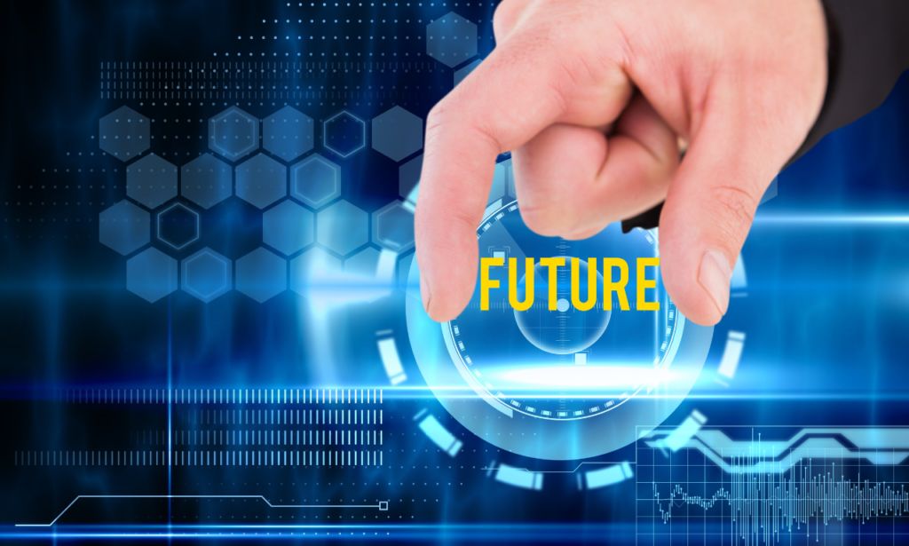 A hand pointing toward the word 'FUTURE' displayed on a futuristic digital interface with hexagonal patterns, holographic elements, and data visualizations in blue tones. This image symbolizes technological advancements and a forward-looking perspective