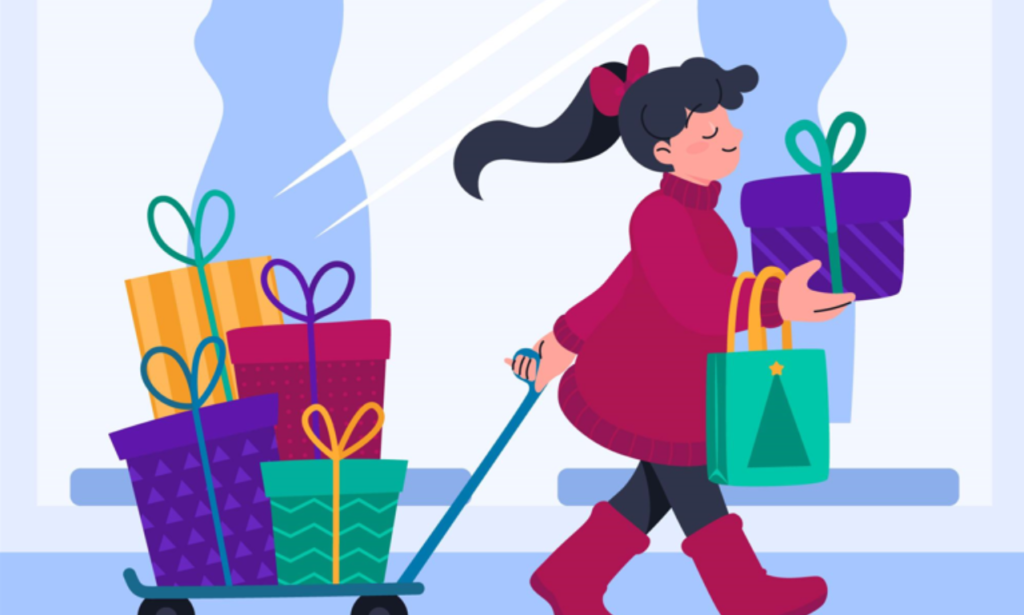 Illustration of a cheerful woman wearing a red sweater and boots, pulling a cart loaded with gift-wrapped boxes and holding a shopping bag. She appears to be shopping or delivering gifts, with a festive and joyful expression on her face, set against a light background.