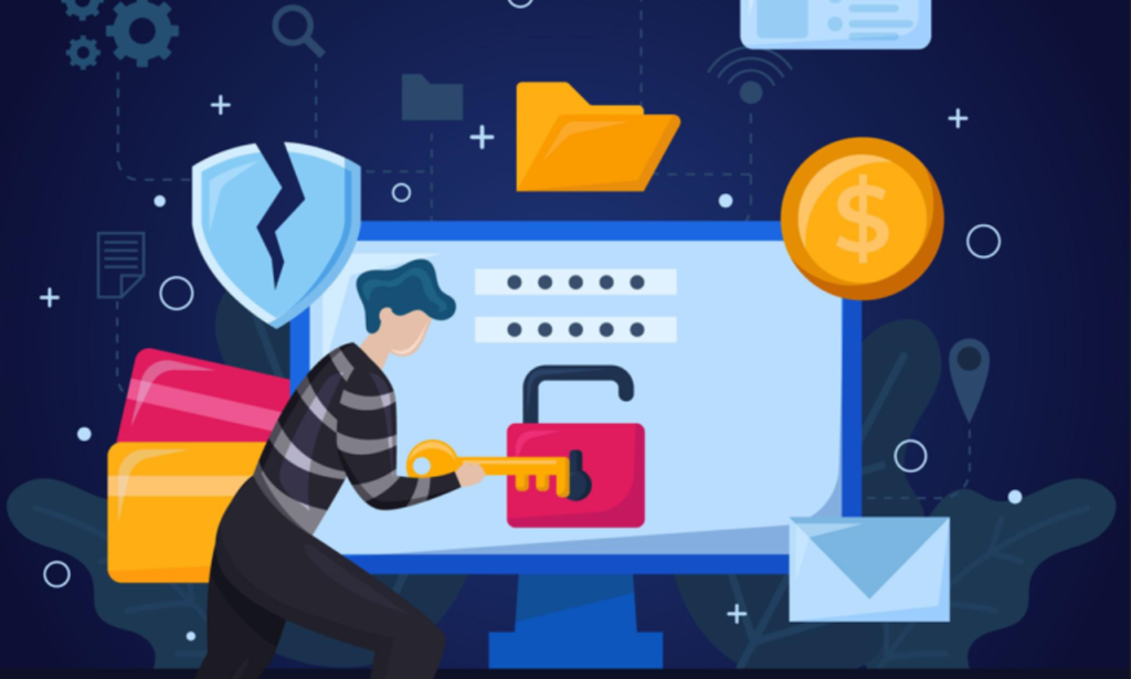 Illustration of a cyber attack concept. A character dressed in striped clothing, symbolizing a hacker, is seen holding a large key to unlock a padlock on a computer screen. The background includes icons like a shield with a crack, credit cards, a dollar symbol, a folder, and various tech symbols, representing vulnerabilities in online security and digital data